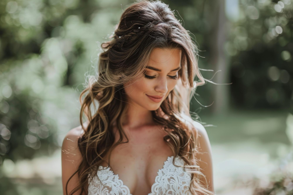 Half-up sposa con onde naturali e capelli lunghi